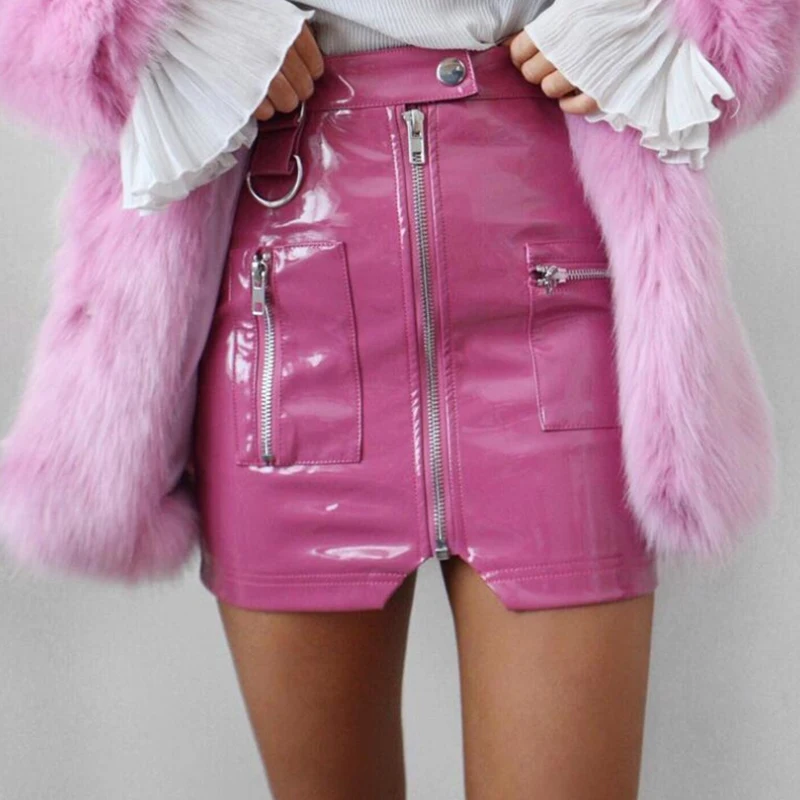 

2021 Solid Color Sexy Pocket Zipper PU Leather Short Skirt Female European American Retro Irregular Bag Hip Women's Skirt 9523#