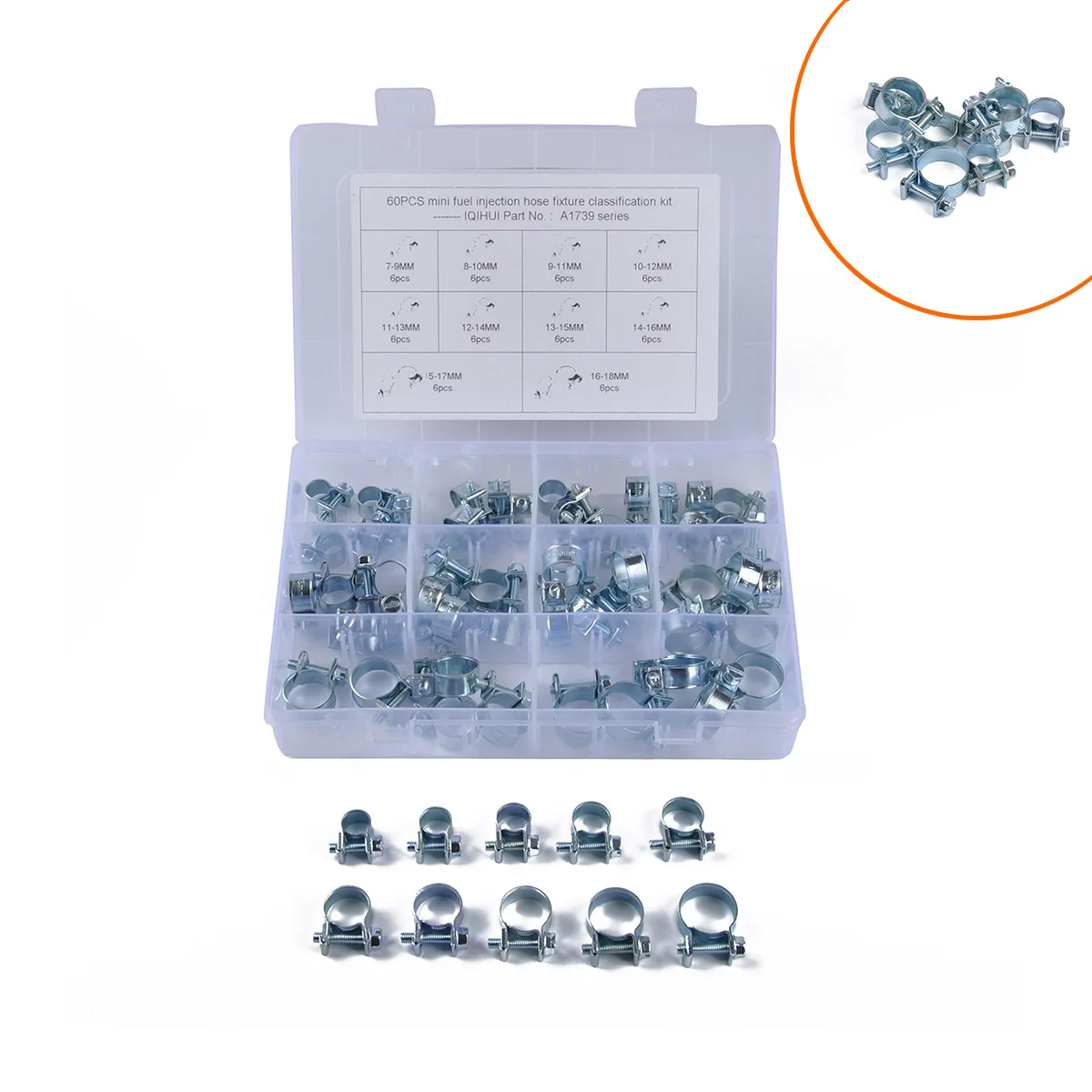 

60Pcs 10 Size Mini Fuel Injection Style Hose Clamp Assortment Kit For Diesel Petrol Pipe