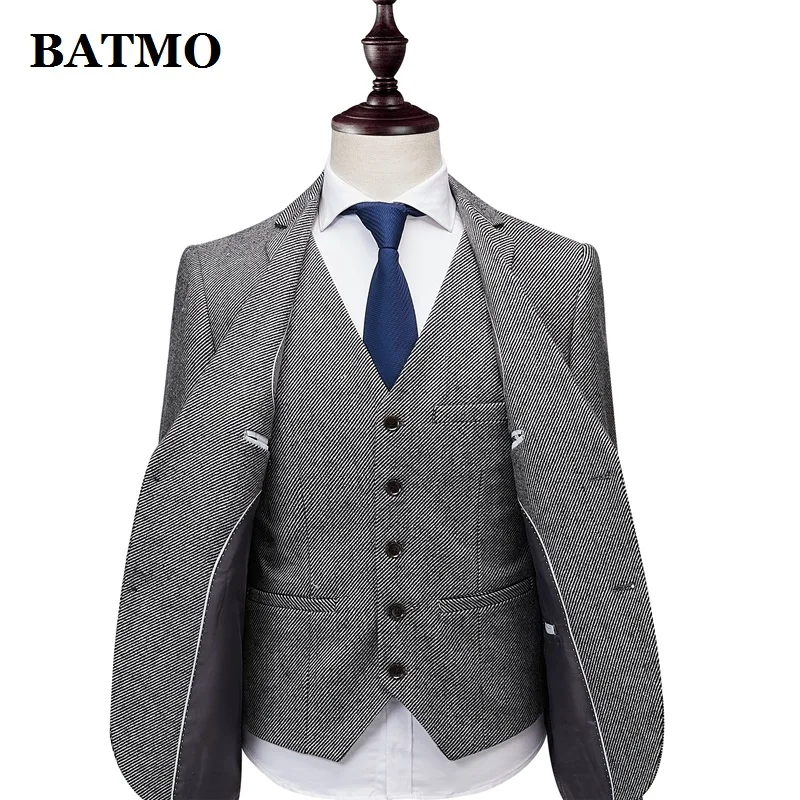 

BATMO 2020 new arrival autumn high quality wool suits men,men's grey wool suits,casual suits men,jacket+pant+vest XZ165