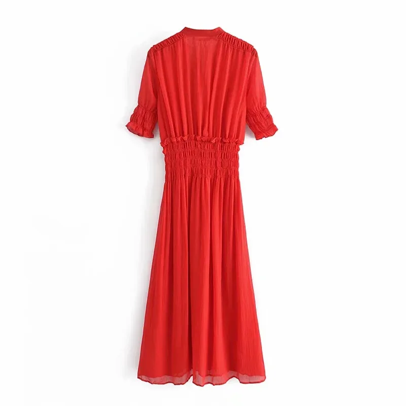 

2021 Pleated Dress Woman Green Chiffon Summer Long Dress Women Elastic Waist Ruched Short Sleeve Elegant Red Dresses