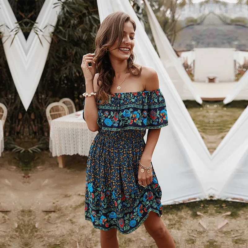 

Summer Ladies Sexy The Shoulder Floral Dress Women Temperament Slash Neck Knee Length Print Dress 2021 New