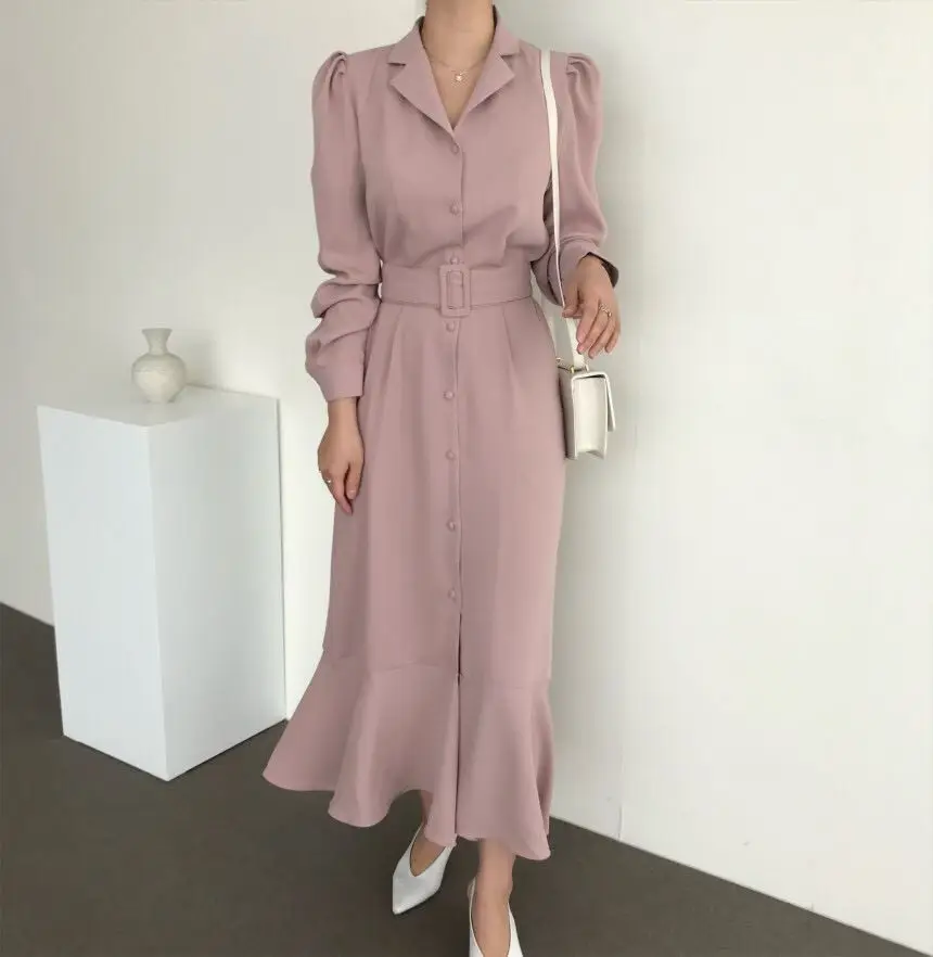 

Autumn Pink Women Dress Fashion Elegant long sleeve shirt Dress Ladies high waist Mermaid Dresses With Belt Clothes JK380