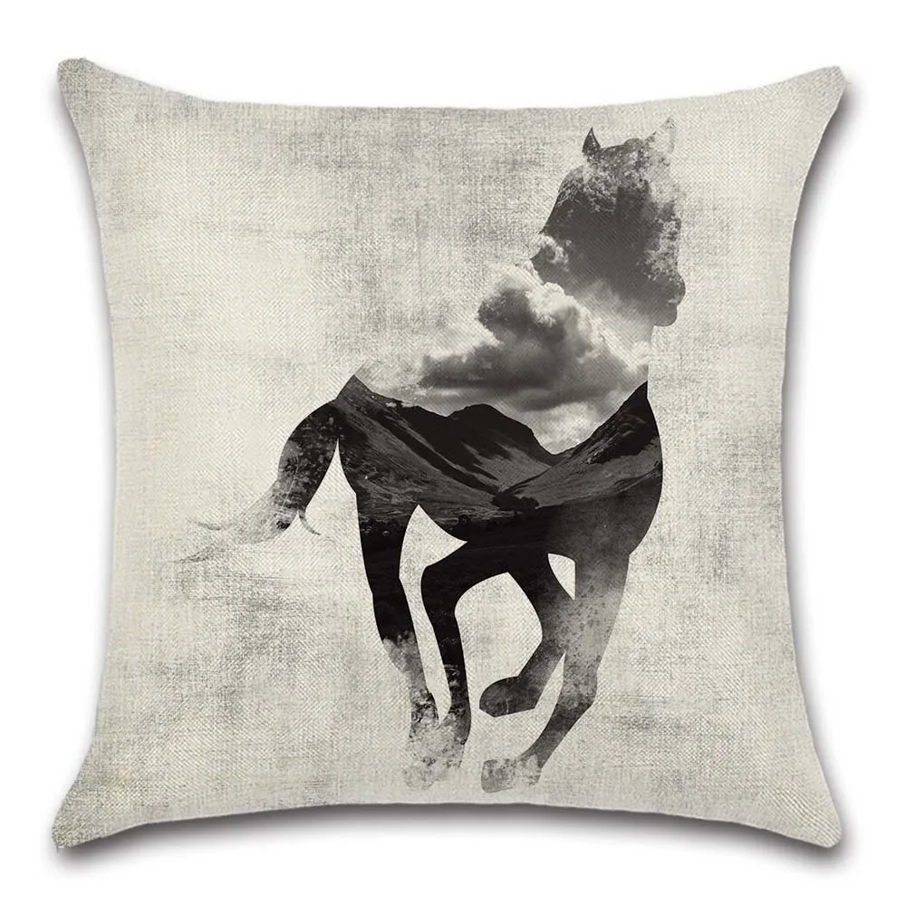 Чернильный стиль рисунок лошади бежевый Чехол на подушку декоративный домашний