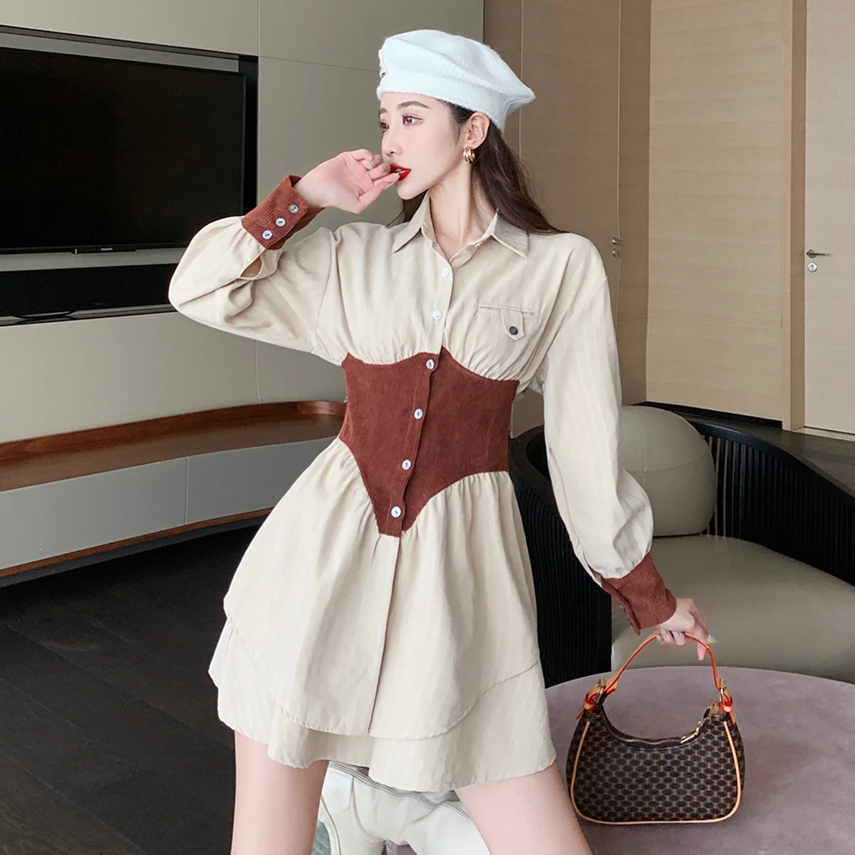 Женское приталенное платье-рубашка элегантное облегающее платье во французском