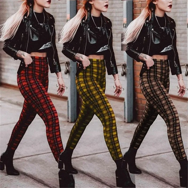 Plaid High Waisted Pants Women's Casual Super Elastic Pencil Fashion Slim Trousers | Женская одежда