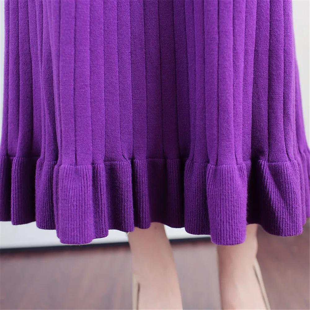 

High neck shows thin autumn and winter thickened bottoming and buttock skirt over knee long sleeve knitted dress