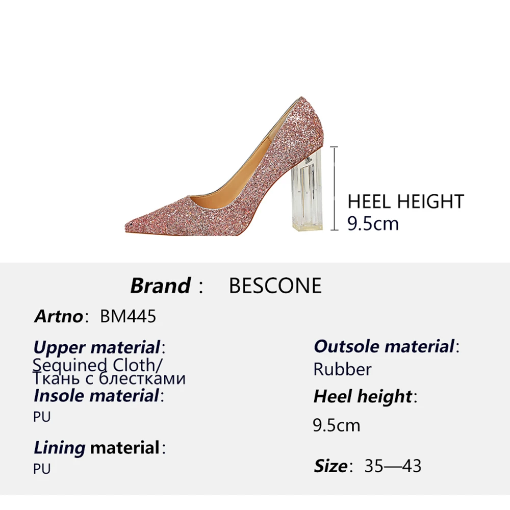 

BESCONE Bling Decoration Women Pumps Fashion Pointed Toe Shallow Super High Square Heel Stylish Shoes Elegant Party Pumps BM445