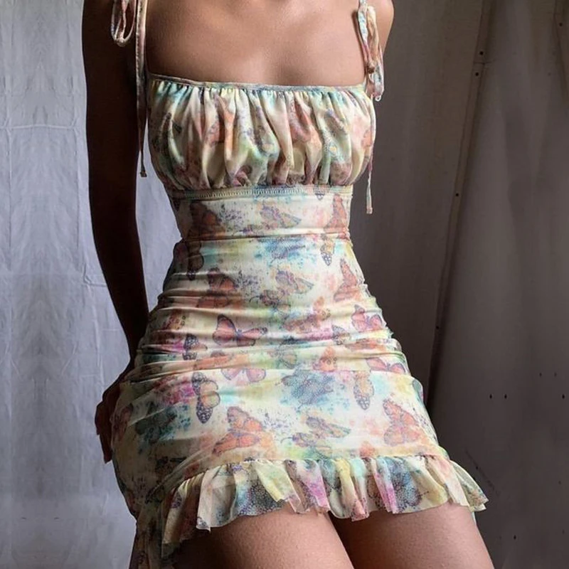 

Women Girls Butterfly print Lace Up Strap Bodycon Mini Dress Skinny Strapless Party Club Sexy Fashion Sweet Holiday Floral Dress
