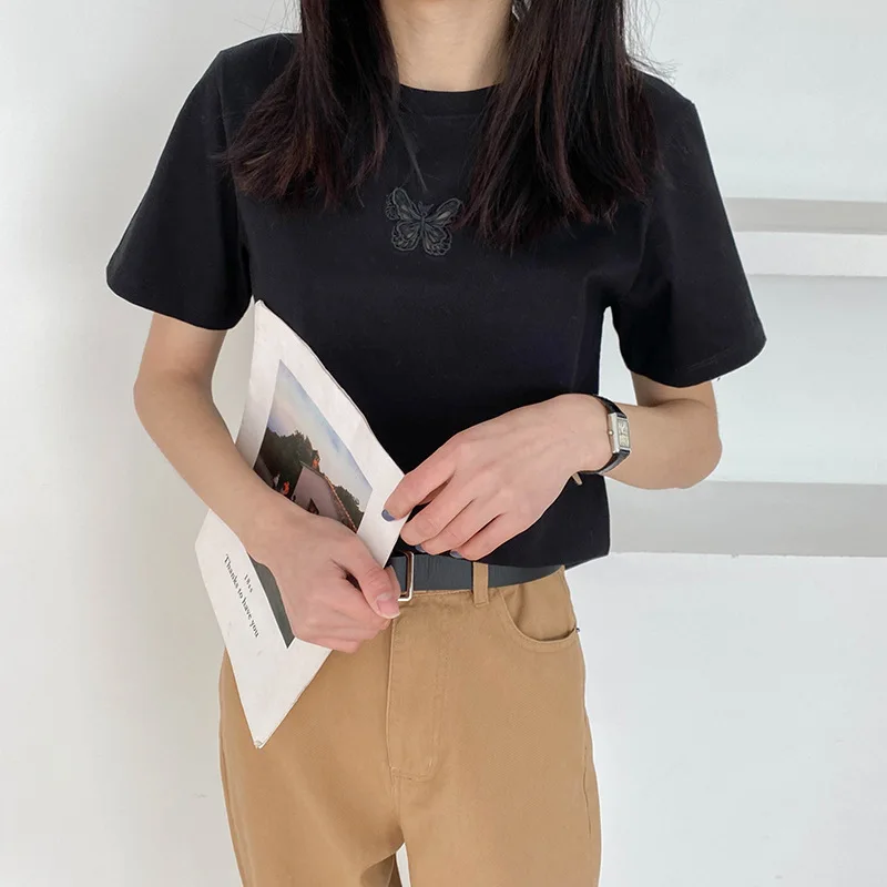 

Mozuleva Butterfly Embroidery T-shirt Women Short Sleeve Loose Cotton 2021 Female Basic Tops Shirt Spring Summer Ladies Tees