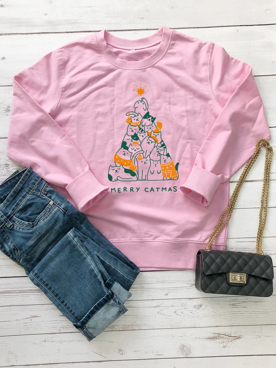 

Merry Catmas Colored Christmas Sweatshirt Hipster Casual 100% Cotton Graphic Hoodies Happy Christmas lover Cat Gift Jumper Tops