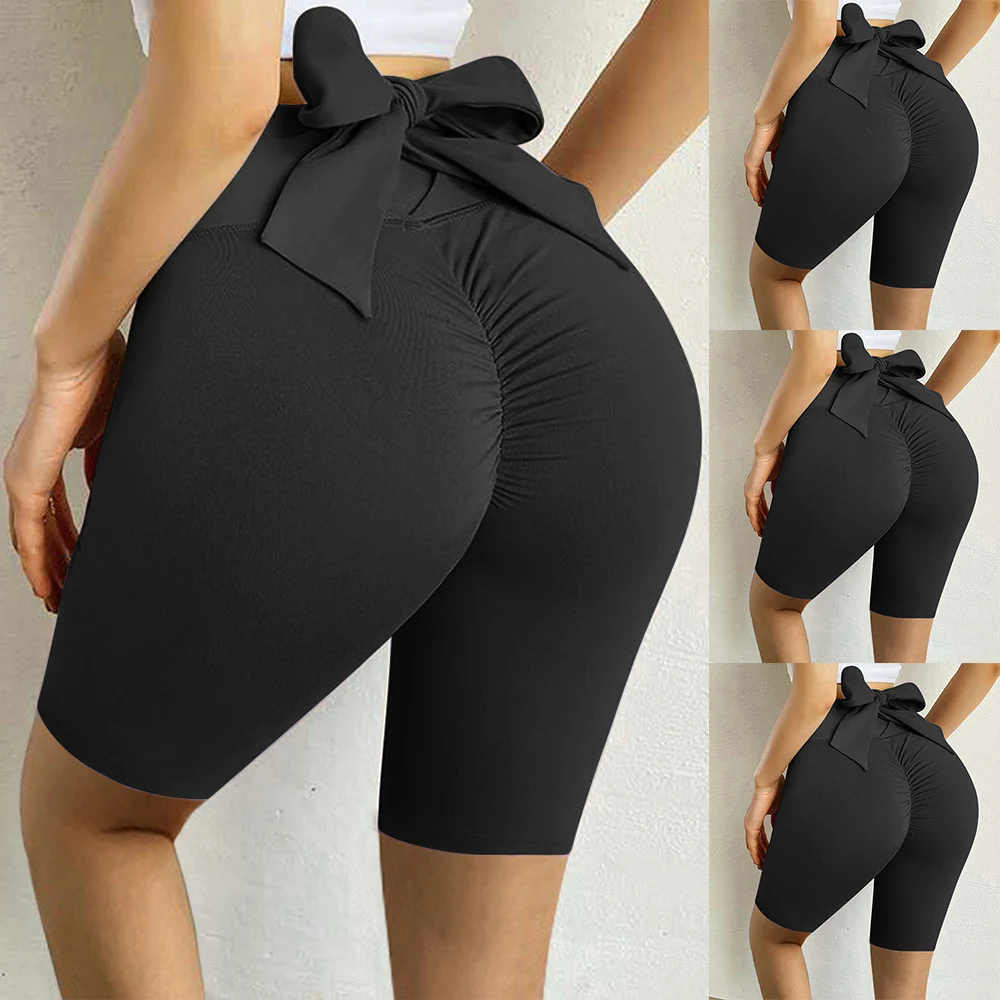 

Bow Knotted Yoga Shorts Female High Waist Sports Shorts Solid Color Stretch Fitness Pants Skinny Cycling Running Gym Bottoms D30