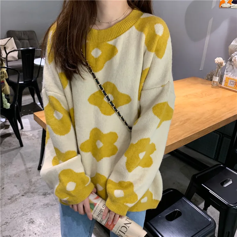 

New Fashion Women Sweaters And Pullovers Oversized Top Floral Printed Female Casual Long Sleeve O-neck Ladies Warm Winter Antumn