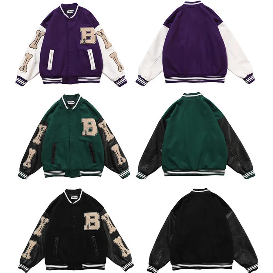 

2021 Hip Hop Furry Bone Patchwork Color Block Jackets Mens Harajuku Streetwear Bomber Jacket Men Baseball Coats Unisex Jacket XL
