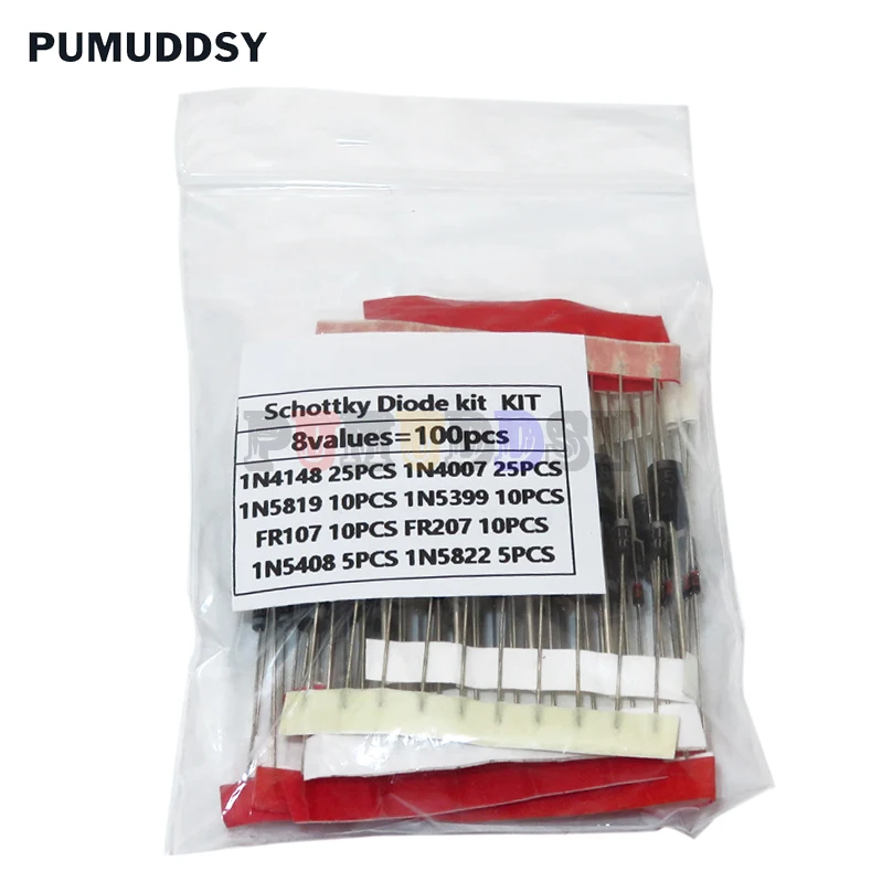 Комплект разнообразных диодов 1N4148/1n4007/1N5819/1N5399/1N5408/1N5822/FR107/FR207 8 видов = 100 шт. -
