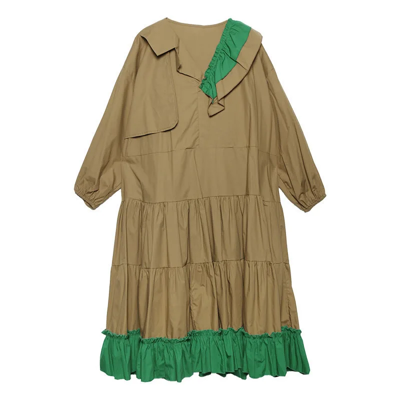 khaki WLD2459 XITAO/платье большого размера, женское, цветное, с v-образным вырезом, плиссированное, свободное, модное, для отдыха,, новое, Осеннее, для женщин, платье WLD2459 - Цвет: khaki WLD2459