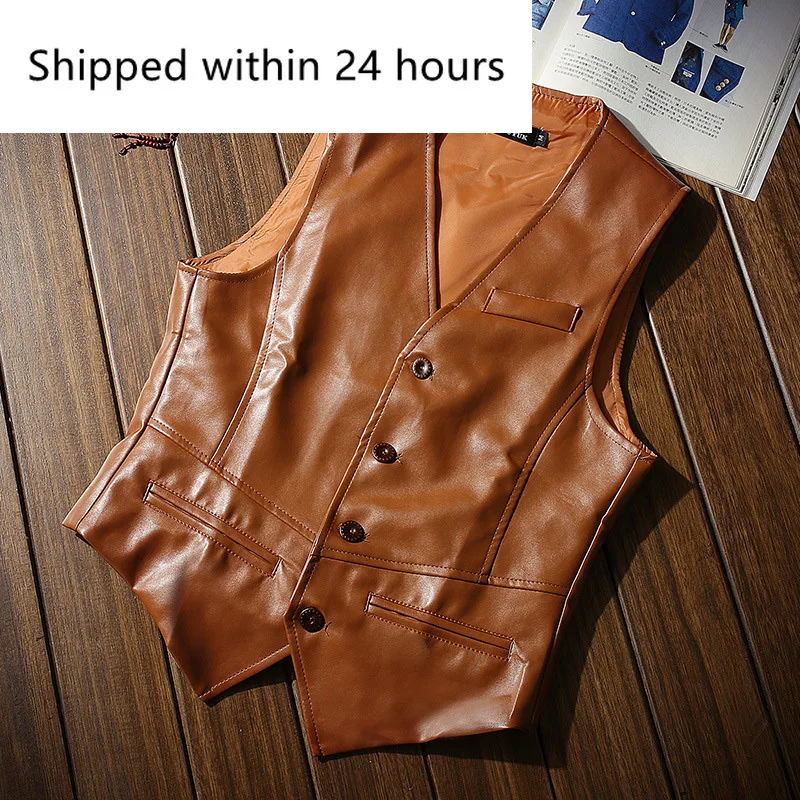 

Autumn Men's Vests Coats Fashion PU Leather Sleeveless Jackets Casual Outwear Biker Leather Waistcoats Mens Clothing