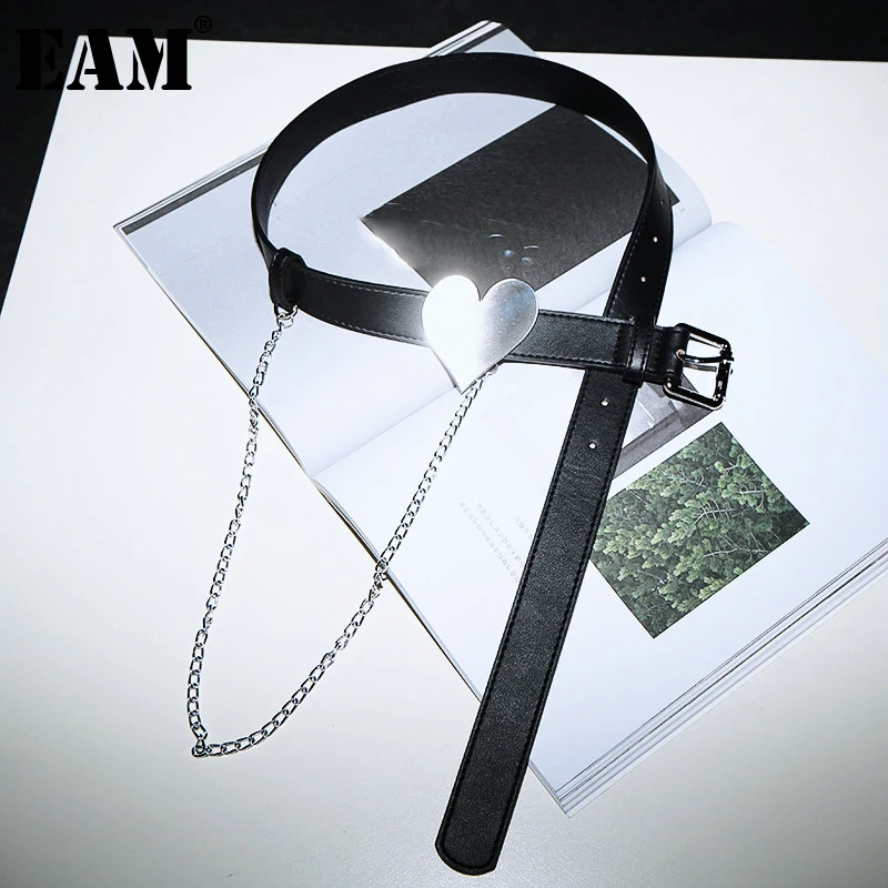 

[EAM] Irregular Metal Chain Black Pu Leather Belt Personality Women New Fashion Tide All-match Spring Autumn 2022 1DD5188