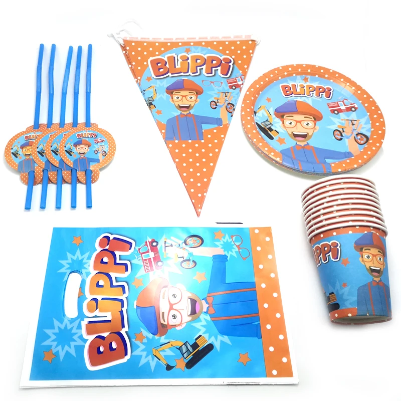 

50PCS Blippi Theme Plates Straws Baby Shower Flags Cups Happy Birthday Party Decorate Hanging Banner Kids Favors Gifts Loot Bags