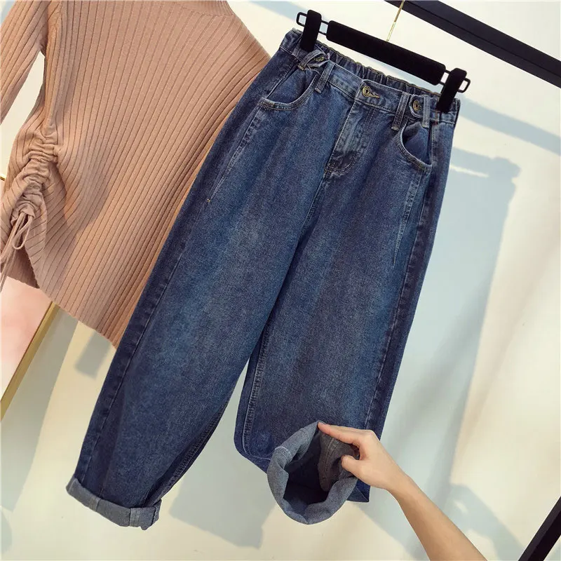 

Plus Size Women Harem jeans For Women Vintage boyfriend mom Casual New Loose High Wasit Straight pant blue Casual Jeans Trousers