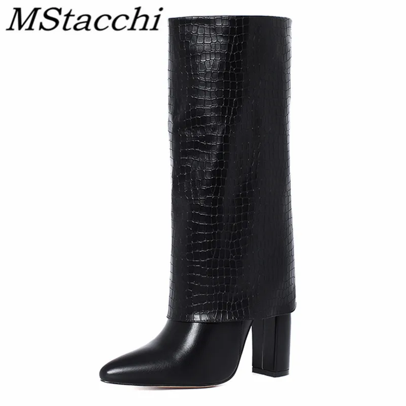 

MStacchi Genuine Leather Women Boots Comfortable Pointed Toe Chunky Heel Zipper Boots Soft Ventilate Motorcycle Long Boots Mujer