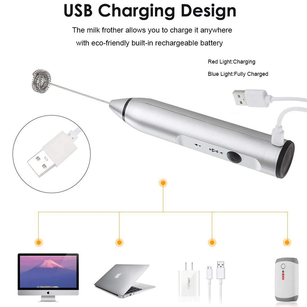 YAJIAO USB 3 скорости Электрический молоковзбиватель кофе прочный Миксер для напитков перезаряжаемый с 2 венчиком для ручной пенообразователь латте