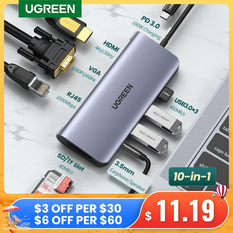 UGREEN USB HUB C HUB HDMI Adapter 10 in 1 USB C to USB 3.0 Dock for MacBook Pro Accessories USB-C Type C 3.1 Splitter USB C HUB