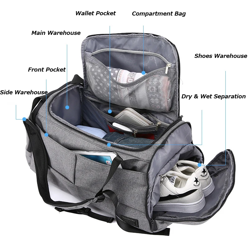 Men Multifunction Fitness Bag Dry Wet Separation Gym Travel Bag Portable Polyester Grey Black Yoga Kung Fu Martial Arts Handbag
