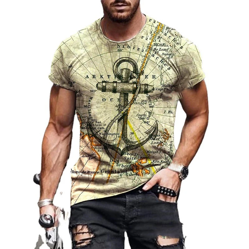 

New 2021 Map Anchor Print Top Men Casual Fashion Oversize T-shirt Short Sleeve O-Neck Streetwear Man Loose Tshirt Summer Clothes