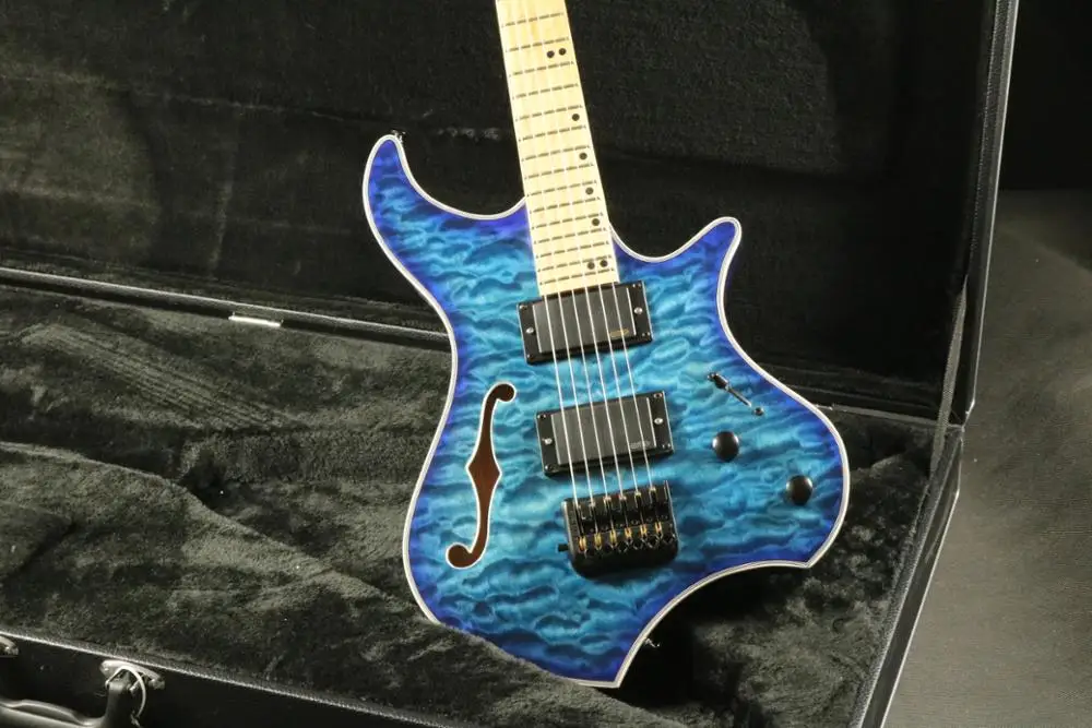 Синяя полуакустическая Дека электрогитара без головки грифа покрытая кленом
