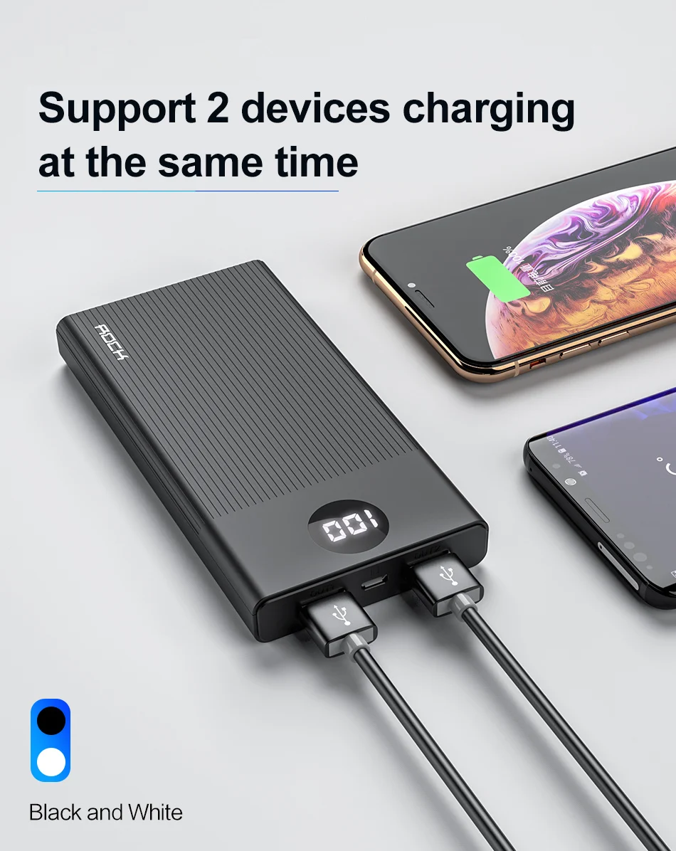 Портативное зарядное устройство Rock 2 USB порта 10000 мАч светодиодный дисплей