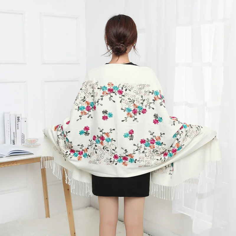 

2021 New Fashion Winter Warm Cashmere Scarf For Women Print Embroidery Pashmina Shawl And Warp Soft Thicken Blanket Lady Foulard