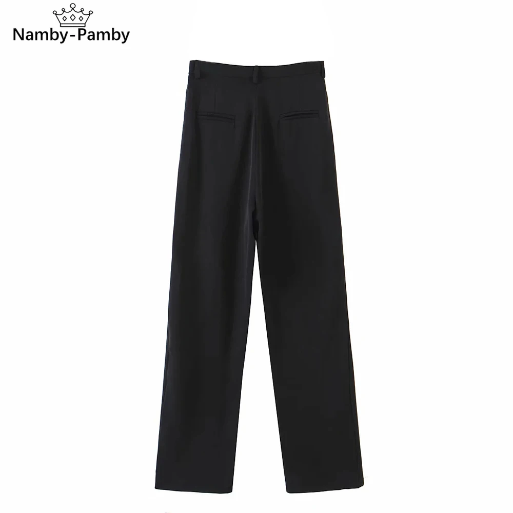 

ZA 2021 women loose full length straight high waist casual pants Female pocket Buttons fashion Office Wide-legged Trousers Mujer