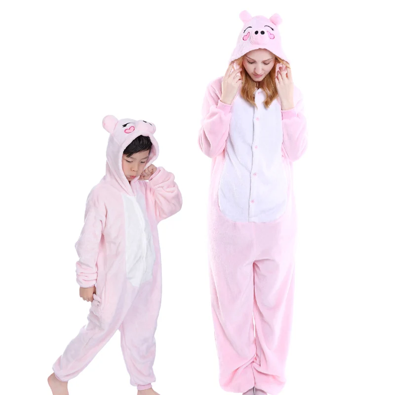 Pink Pig Kigurumi/пижамы с единорогом для взрослых и детей; Одинаковая одежда для семьи с изображением животных для мамы и дочки; зимние фланелевые пижамы для женщин и детей - Цвет: Pink Pig