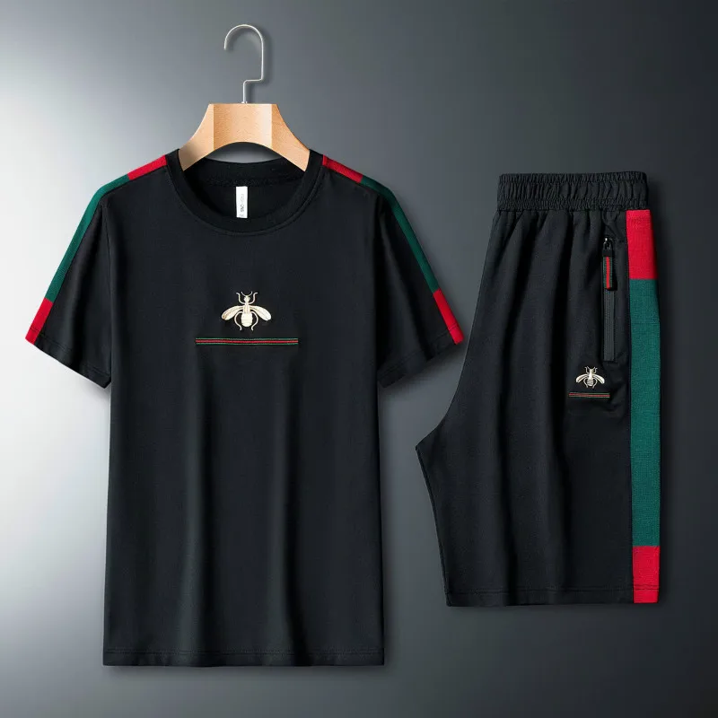 

Polyester Slim 2 Piece Sets Patchwork Printed Men Summer O-Neck Clothing Tracksuit New Short Sleeve Male T-Shirt Sportswear