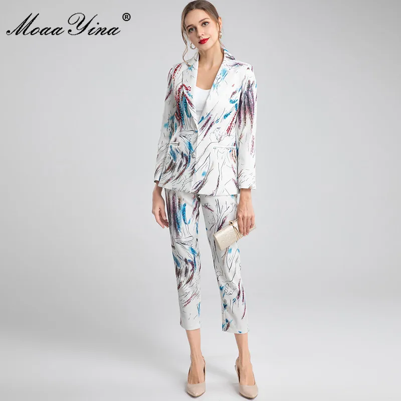 MoaaYina модный подиумный осенний костюм со штанами с принтом Женский блестками