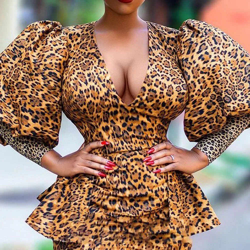 

Sexy plunging neck women dress leopard printed high waist bodycon dresses party club puff african summer midi robe vestiods