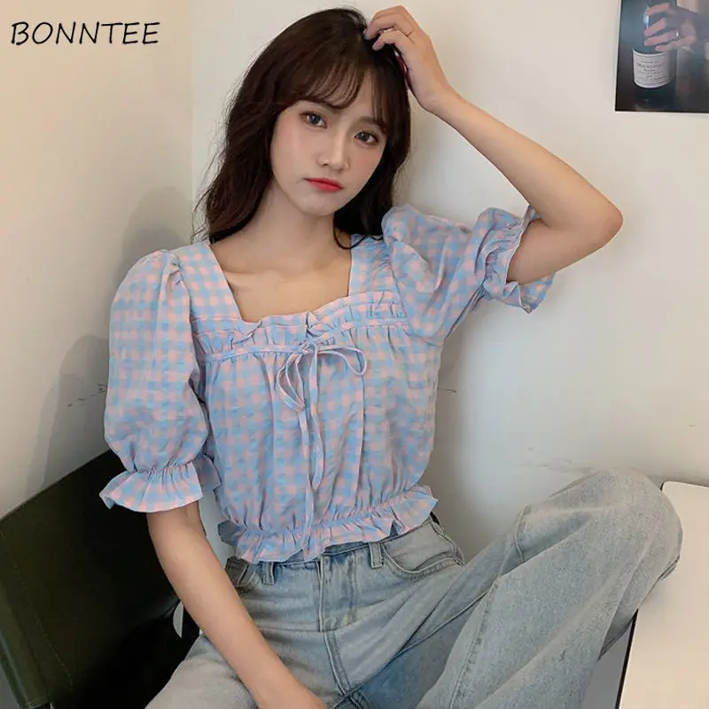 

Blouses Women Hot Summer Ins Square Collar Design Chic College Sweet Girls Cropped Top Plaid Simple Elastic Waist Lady Clothing