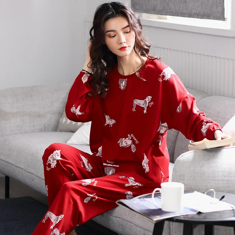 Красная Хлопковая пижама с длинным рукавом и принтом комплект для женщин женская