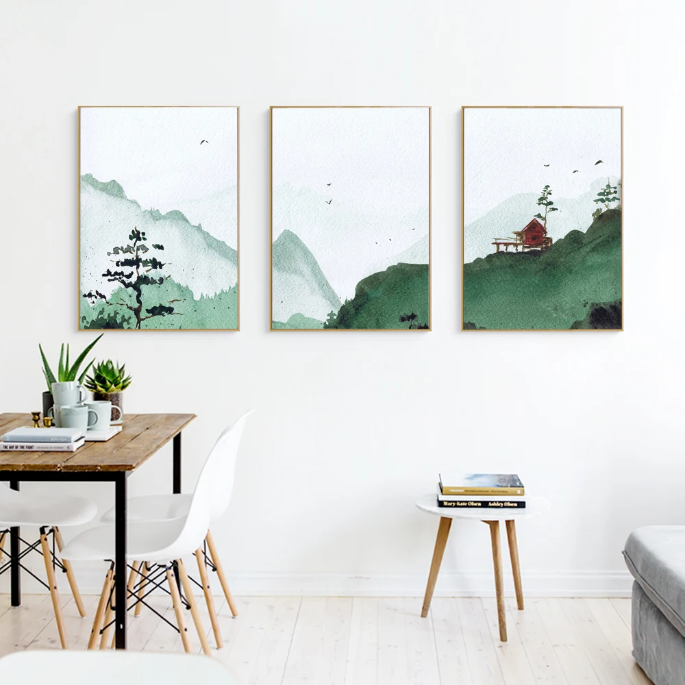 

Abstract Green Trees Mountains Wall Art Red Cottage Landscape Canvas Painting Flying Birds Posters and Prints Picture Home Decor