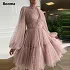 Женское платье с длинным рукавом Booma, розовое платье-трапеция из фатина с высоким воротом, длинным рукавом, длиной выше колена, плиссированное платье для выпускного вечера