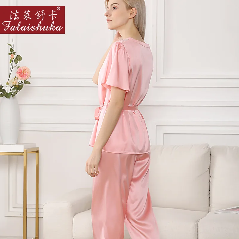 Summer sweet pink elegant 100% mulberry silk pajamas sets women short sleeves noble silk sleepwear womens pyjamas sets T8211