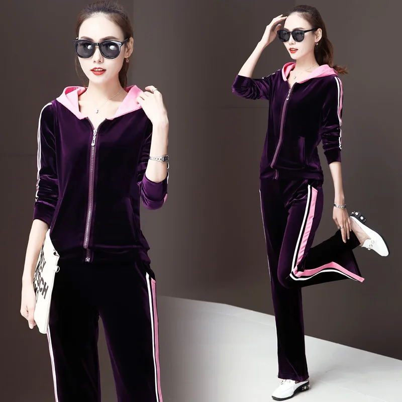 Leisure Velvet Women's 2 Pieces Outfits Zipper Hooded Tops and Spilt Sweat Pants Tracksuit Set Female Sportwear M-3XL |