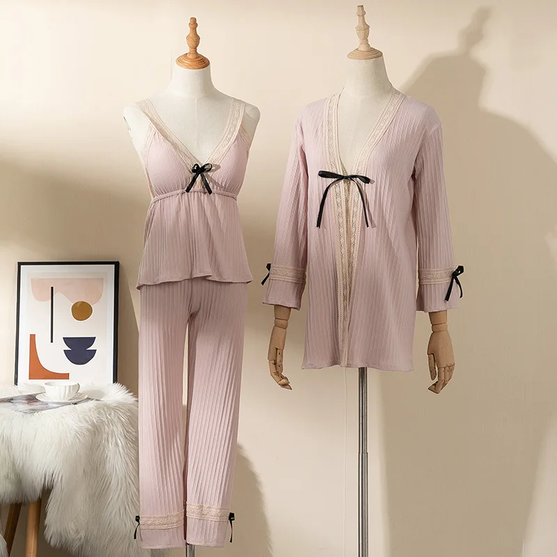 

Women Pijamas Kimono Robe Gown Cotton Pajamas Set 3PCS Sleepwear Sexy Soft Nightwear Loungewear Spring New Lingerie Sets