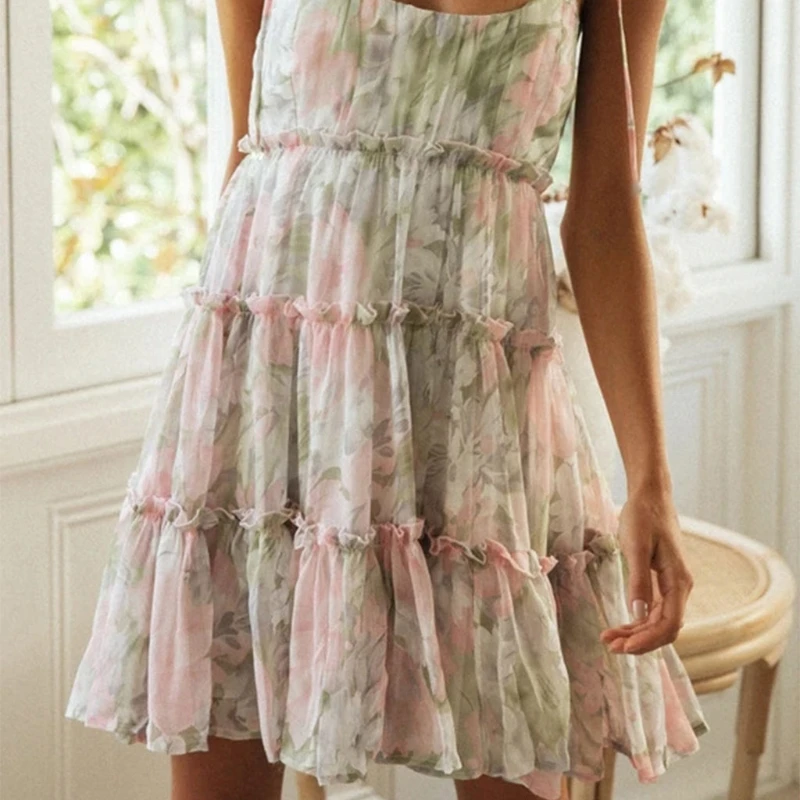 

Women Tie-Up Spaghetti Strap Sleeveless Swing Mini Dress Bohemian Floral Dot Print Shirred Back Ruffled Layer Sundress