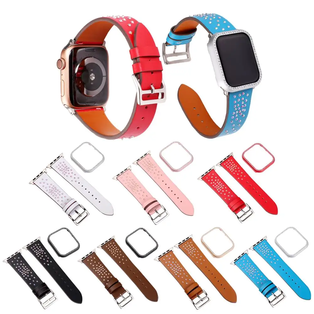 Бриллиантовый кожаный браслет ремешок + чехол для apple watch 4 44/40 мм защитный бампер