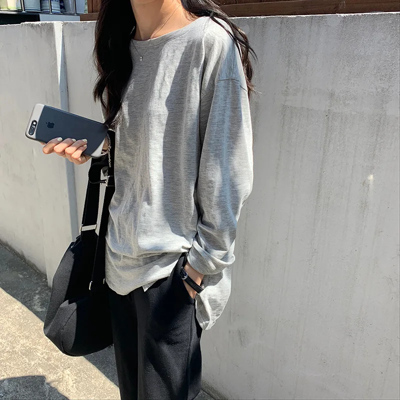 

Spring Autumn Solid Color Hem Long-Sleeved T-shirt Women 2020 New Autumn Korean Versatile Splicing Casual Easy Round Neck Top