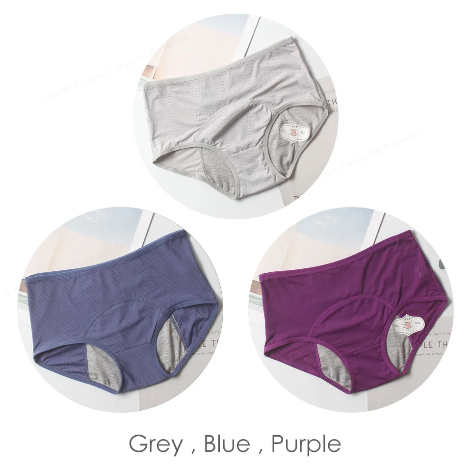 Grey Blue Purple Менструальные трусы, трусики для женщин, хлопковое дышащее Сетчатое водопоглощающее герметичное нижнее белье, женское нижнее белье с высокой талией, XXXL - Цвет: Grey Blue Purple