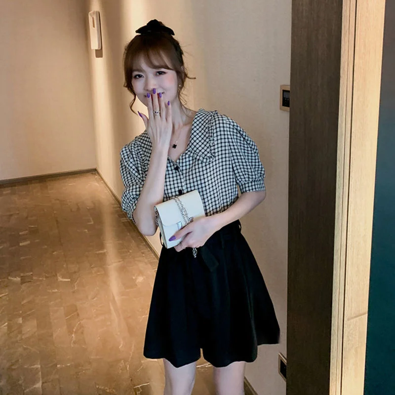 

Plaid Shirt High Waist Wide Leg Shorts piece Suit Women's New Summer Suit Shorts Set Women Summer Sets