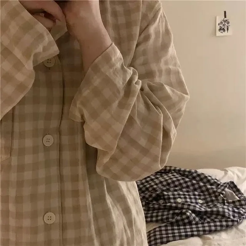 

Japanese Pajamas Women's Spring and Autumn Korean Plaid Long Sleeved Cardigan Suit Home Clothes Can Be Worn Outside