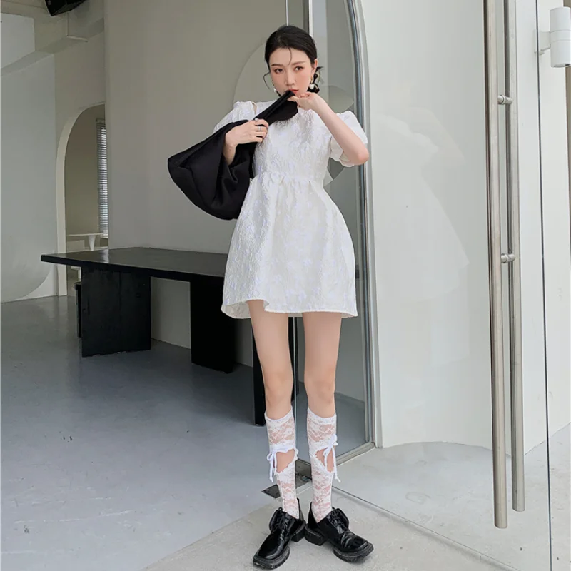 

Kimotimo Dresses Women 2021 Summer Design Print Puff Short Sleeve A Line Mini Dress Korean Age Reduction Female Bodycon Dress